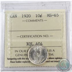 10-cent 1920 ICCS Certified MS-65  Coin has a slight die rotation not mentioned on holder.