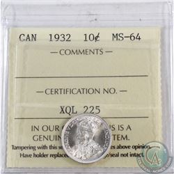 10-cent 1932 ICCS Certified MS-64. Frosted white fields.