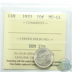 10-cent 1933 ICCS Certified MS-64. Nice clean coin with mint lustre.