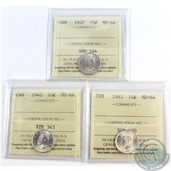 10-cent 1937 1942 & 1943 ICCS Certified MS-64. 3pcs