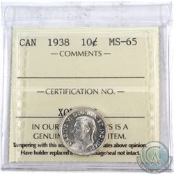 10-cent 1938 ICCS Certified MS-65  White coin accented with Soft golden hints.