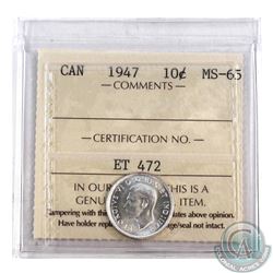 10-cent 1947 ICCS Certified MS-65. Almost full white coin with high mint lustre.