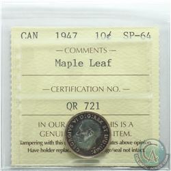 10-cent 1947 Maple Leaf ICCS Certified SP-64. Coin features attractive deep rose gold bullseye tonin