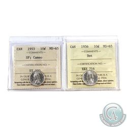 10-cent 1953 SF Cameo & 1956 Dot ICCS Certified MS-65. 2pcs