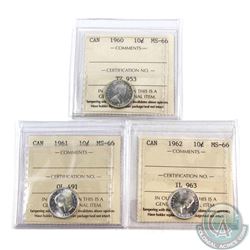 10-cent 1960, 1961 & 1962 ICCS Certified MS-66. 3pcs