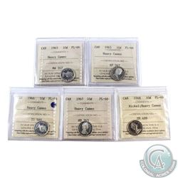 10-cent 1963, 1965, 1966, 1967 & 1968 Nickel ICCS Certified PL-66 Heavy Cameo. 5pcs