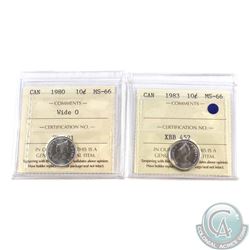 10-cent 1980 Wide 0 & 1983 ICCS Certified MS-66. 2pcs