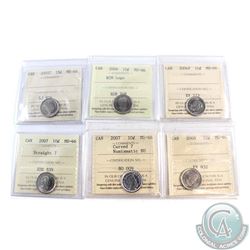 10-cent 2005P, 2006 RCM Logo, 2006P, 2007 Straight 7, 2007 Curved 7 Numismatic BU & 2008 ICCS Certif