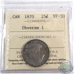 25-cent 1870 Obverse 1 ICCS Certified VF-30.