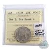 Image 1 : 25-cent 1872H Obv 2; Die Break A ICCS Certified VG-10. *Rare Variety* Only 11 Known to Exist