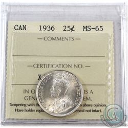 25-cent 1936 ICCS Certified MS-65. Lustrous Blast White coin with great eye appeal.