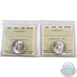 25-cent 1937 & 1939 ICCS Certified MS-64. 2pcs