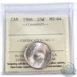 25-cent 1946 ICCS Certified MS-64. Lustrous Blast White coin