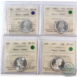 25-cent 1961, 1963, 1964 & 1965 All ICCS Certified MS-65 Heavy Cameo  4pcs.