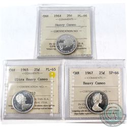 25-cent 1964 PL-66 Heavy Cameo, 1965 PL-65 Ultra Heavy Cameo, & 1967 SP-66 Heavy Cameo. All coins ha