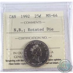 25-cent 1992 New Brunswick Rotated Die ICCS Certified MS-64