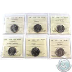 25-cent 2008-2012 ICCS Certified MS-66. Included are 2008 Poppy, 2009 Klassen, 2009 Men's Hockey, 20