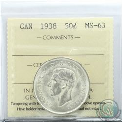 50-cent 1938 ICCS Certified MS-63. Nice Blast White coin.