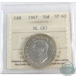 50-cent 1947 Maple Leaf; Curved 7 ICCS Certified SP-62. A flashy coin with hints of golden toning.
