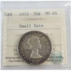 50-cent 1953 Small Date ICCS Certified MS-65  Light iridescent Blue and Violet tones throughout.