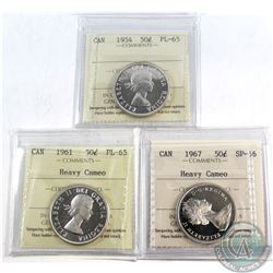 50-cent 1954 PL-65, 1961 PL-65 Heavy Cameo, & 1967 SP-66 Heavy Cameo. All coins have been graded by 