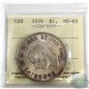 Image 1 : Silver $1 1939 ICCS Certified MS-65. Light toning over frosted white fields.