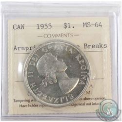 Silver $1 1955 Arnprior with Die Breaks ICCS Certified MS-64