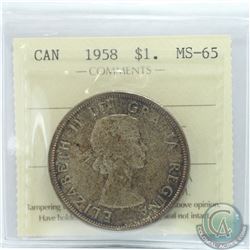 Silver $1 1958 ICCS Certified MS-65. Medium toned coin.