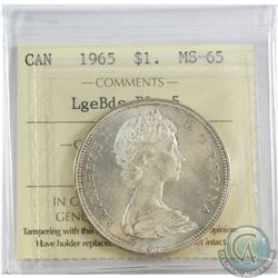 Silver $1 1965 LgeBds Blt 5 ICCS Certified MS-65. Accented by light golden edge toning.