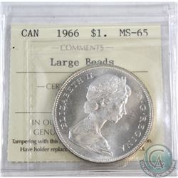 Silver $1 1966 Large Beads ICCS Certified MS-65. A bright coin with lots of Mint Luster.