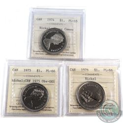 Nickel $1 1974 PL-65 Heavy Cameo, 1975 CH# 1975 Obv. 001 PL-66, & 1976 PL-66. All coins have been ce
