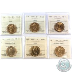 Loon $1 1987, 1990, 1991, 1992 Confederation, 1994 & 1995 Peacekeeping ICCS Certified MS-65. 6pcs