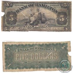 345-20-02 1909 Bank of Hamilton $5, S/N: 001858. Note is VG condition with some damage.