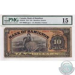 345-20-10 1914 Bank of Hamilton $10. Hendrie-Various, S/N: 488634. PMG Choice F-15. (Missing corner)