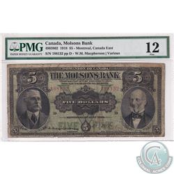 490-38-02 1918 Molson's Bank $5, Montreal, Macpherson-Various, S/N: 188132/D. PMG Certified F-12.