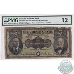 490-38-02 1918 Molson's Bank $5, Montreal, Macpherson-Various, S/N: 281865/A. PMG Certified F-12. Ba