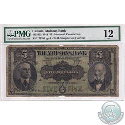 490-38-02 1918 The Molson's Bank $5, Macpherson-Various, S/N: 171388. PMG F-12.