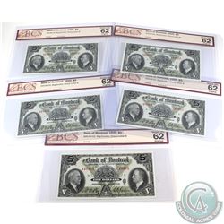 505-60-02 1935 Bank of Montreal $5, 5 in Sequence  Bog-Gordon, S/N: 449461/62/63/64/65. All BCS Cert