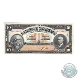 510-22-04S 1922 La Banque National Specimen $10. Banknote is UNC or better and comes with a History 