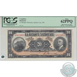 510-22-06S 1922 La Banque Nationale SPECIMEN $20. Amyot, Check Letter A. PCGS New-62 PPQ