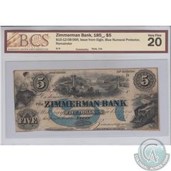 815-12-08-06R 185_ Zimmerman Bank Remainder $5, Issue from Elgin, Blue Numeral Protector. BCS Certif