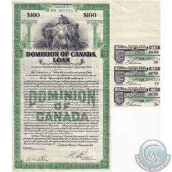 1934 $100 Dominion of Canada Loan 15 Years 5.5% Gold Bond Certificate. Includes 3 uncut coupons for 