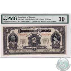 DC-22a-i 1914 Dominion of Canada $2, Various-Boville, "will Pay." Curved, Series D-K. S/N: 709348-H.