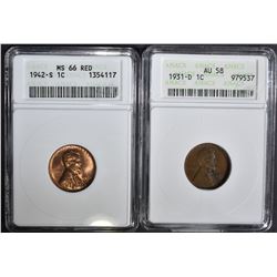 1942-S ANACS MS-66 RD & 31-D ANACS AU-58 LINCOLNS