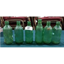 SIX 1960'S MOUNTAIN DEW, 7UP & SPRITE GREEN GLASS POP BOTTLES