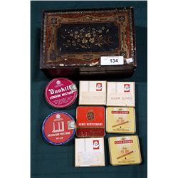 ANTIQUE WOOD JEWELRY BOX W/8 TOBACCO TINS