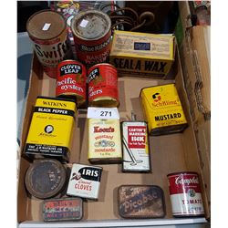 12 VINTAGE GENERAL STORE TINS AND SEAL-A WAX BOX