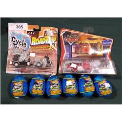 2 DIE CAST VEHICLES IN PACKAGES & 6 HOTWHEELS CANDY EGGS