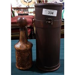 VINTAGE LEATHER WRAPPED ITALIAN DECANTER  W/CUSTOM WOOD CASE