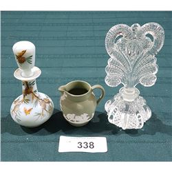 2 VINTAGE PERFUME BOTTLES AND MINI WEDGWOOD PITCHER